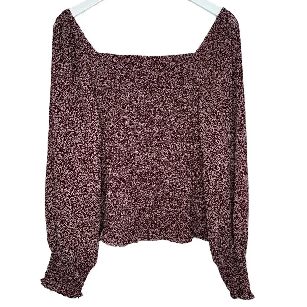 Madewell Lucie Bubble Long Sleeve Smocked Burgundy Top Cottage Garden Size XL